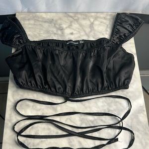 PrettyLittleThing Black Satin Bardot Tie Detail Crop Top